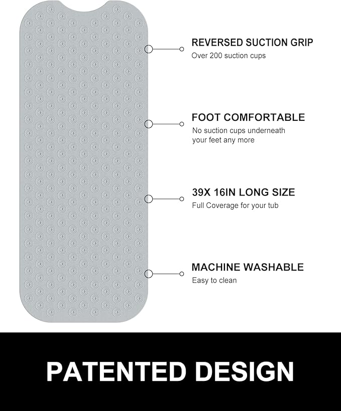 OTHWAY No Suction Cup Bath Mat: 39x16 inch Extra Long Bathmat│Perfect for Ordinary or Refinished Bath Tubs │Made of Nature Rubber│Protect Your Bathtub (Grey)