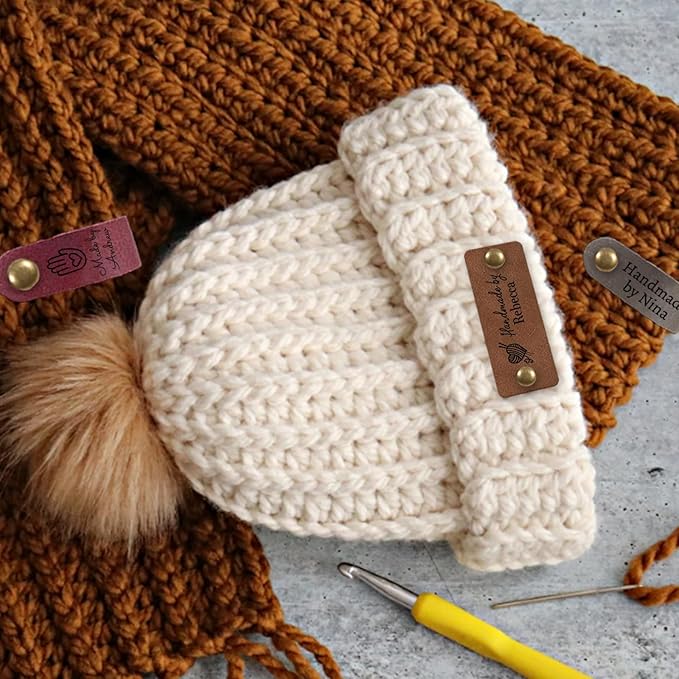 Custom Leather Tags for Crochet Items Personalized Tag for Handmade Items with Rivets Embellishment Knit DIY Craft Accessories-2"x0.8"