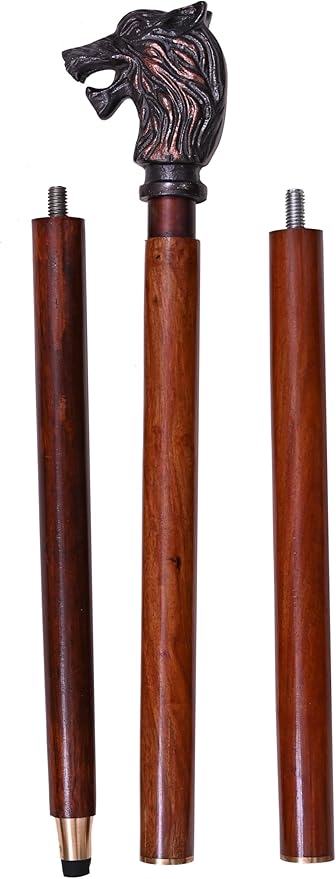 Handmade Vintage Walking Cane Wooden Walking Stick with Antique Wolf Head Handle Gift for Men & Women