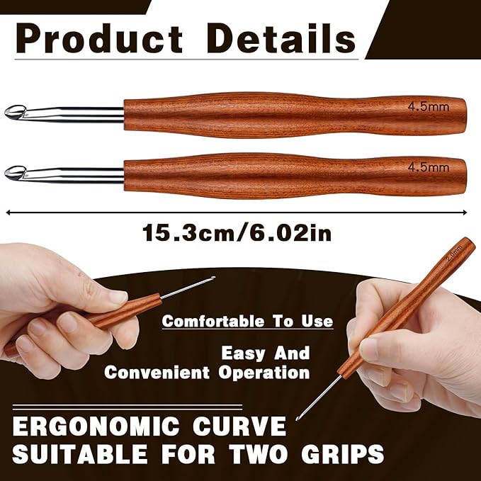 Nitlak 2Pcs 4.5mm Crochet Hook, Available in 1.5mm-6.0mm, Aluminum Ergonomic Crochet Hook with Wooden Handle for Arthritic Hands, Beginners, Crochet Needles for Knitting