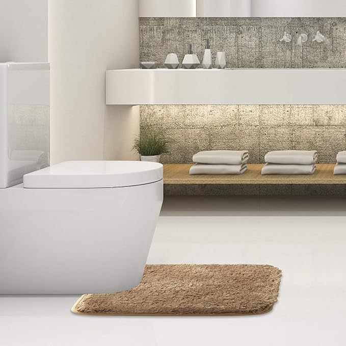Suchtale Bathroom Contour Rug Non Slip Bath Mat Water Absorbent Soft Microfiber Shaggy Bathroom Mat Machine Washable Bath Rug for Bathroom Thick Plush U Shape Toilet Rug (20 x 24, Sand)