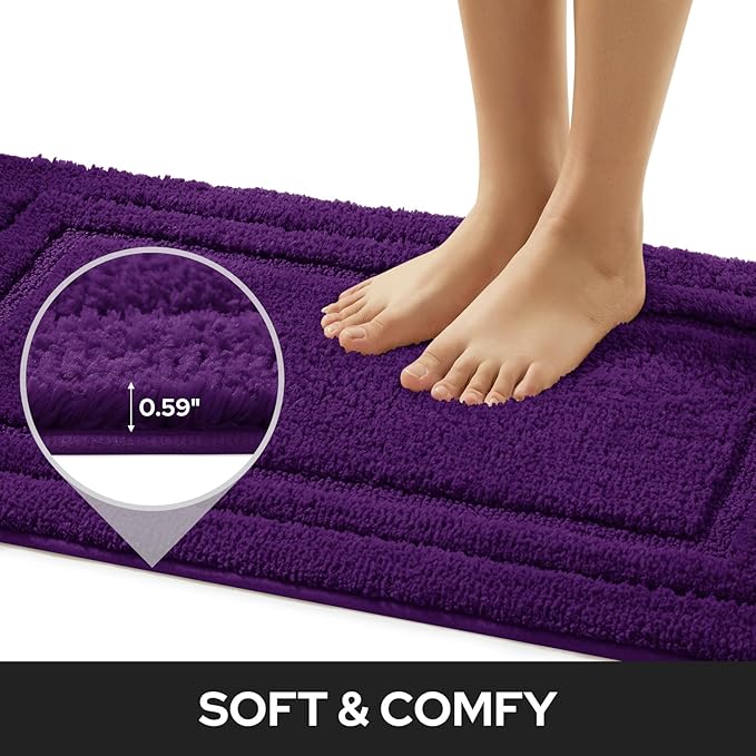 HOMEIDEAS Bathroom Rugs Sets 2 Piece, Super Soft and Absorbent Non Slip Microfiber Machine Washable Bath Mat Set (20" x 32" + 16" x 24", Purple)