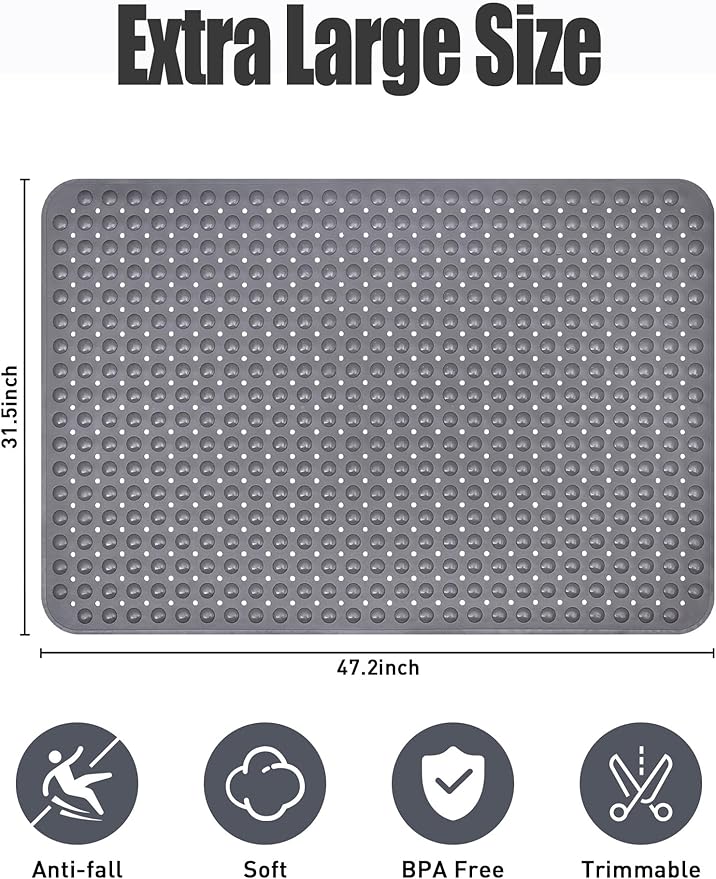 Extra Large Shower Mat, Yonala 47.2 x 31.5 Inch Non Slip Shower Mats for Inside Shower with Drain Hole and Suction Cups, Soft Trimmable TPE Anti Slip Shower Mat for Walk in Shower Stall, Heavy Mat