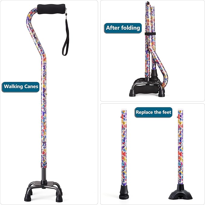 Walking Cane for Women & Men, Adjustable Quad Cane with 4-Prong Base for Stability and Balance, Folding Aluminum Walking Stick for Seniors