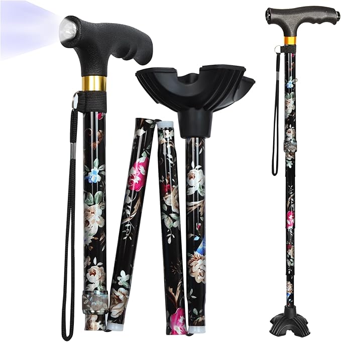Walking Cane with LED Light, Foldable,Adjustable, Self Standing Walking Canes for Men & Women,Walking Sticks with Quad Base for Seniors & Adults