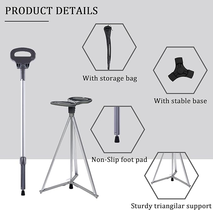 Walking Cane with Seat for Men & Women, Lightweight Anti-Slip Walking Stick with Carry Bag, Portable Stool for Senior & Adults, Foldable Cane Chair for Travel Hiking