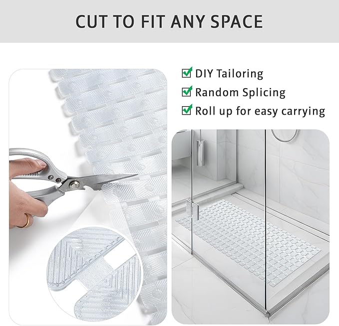 XIYUNTE Shower Mat Non Slip Bath Mat for Tub - 40 X 16 Inch PVC Bathtub Mat Non Slip Shower Mats for Inside Shower, Bath Tub Mat with Powerful Suction Cup, Easy to Cut and Dry, Clear