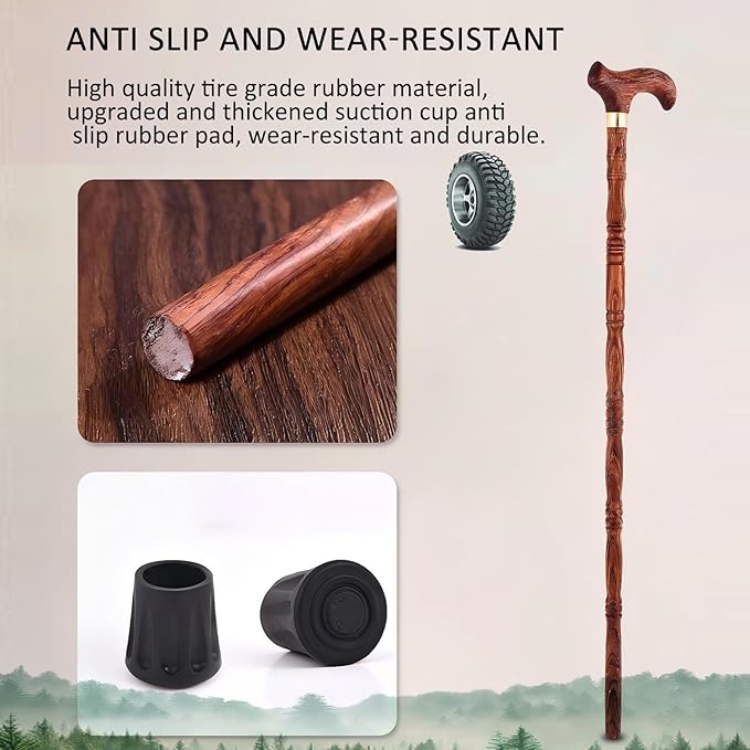 Wooden Walking Canes for Men and Women, Natural Rosewood Walking Sticks for Senior Support, Up to 500 Lbs Walking Stick, Heavy-Duty Walking Cane for Men, Suitable for Gift Giving