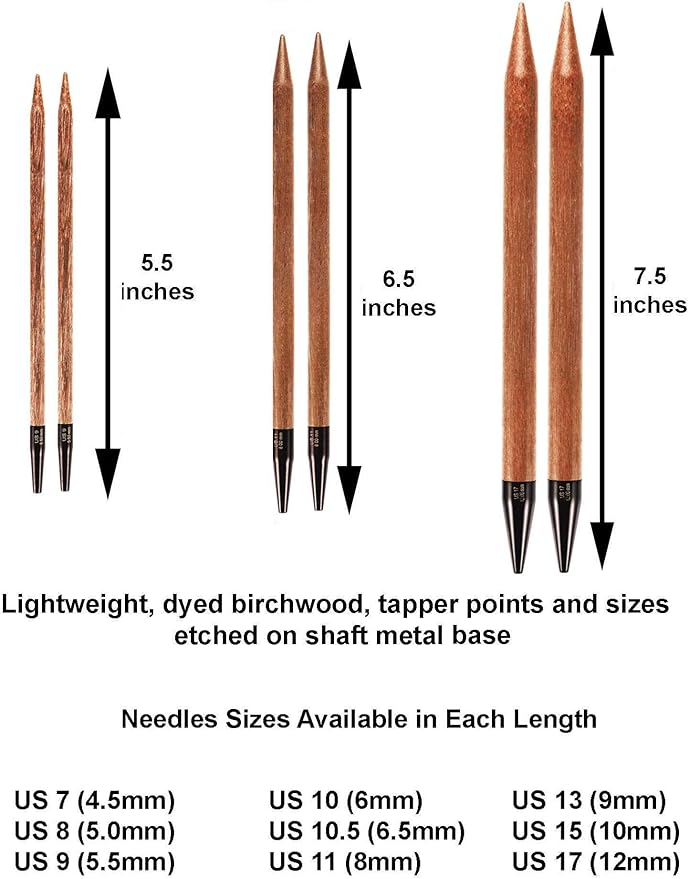 Lykke Umber 5.5, 6.5 & 7.5 Inch Long Interchangeable Knitting Needles Birch Wood US Sizes US Sizes 7, 8, 9, 10, 10.5, 11, 13, 15, 17 with 5 Cords, connectors, Keys, Umber Denim Case, Project Bag