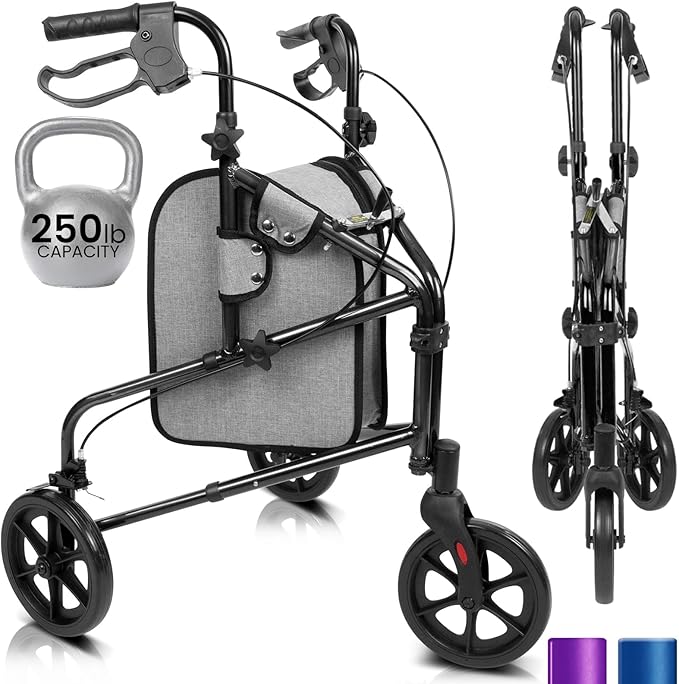 Vive Mobility 3 Wheel Walker - Three Wheeled Rollator for Seniors - Lightweight, Foldable, Narrow, Heavy Duty - for Elderly Men Women - Folding 3-Wheel Tri Scooter with Basket Bag