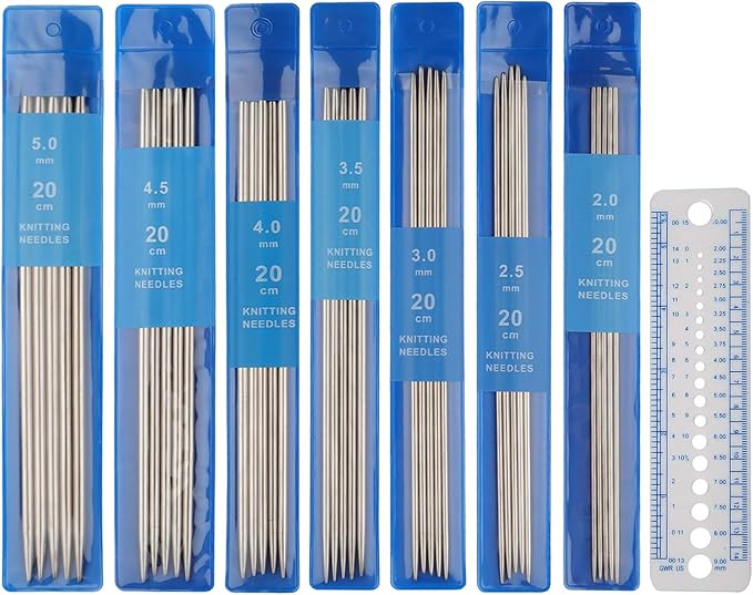 Coopay Short Double Pointed Knitting Needles Kit 20cm, Double Ended Stainless Steel Needles 2.0mm to 5.0mm, DPNS Knitting Pins Set for Beginner & Kids, Sock Knitting Needles 35 Pack & Knitting Gauge
