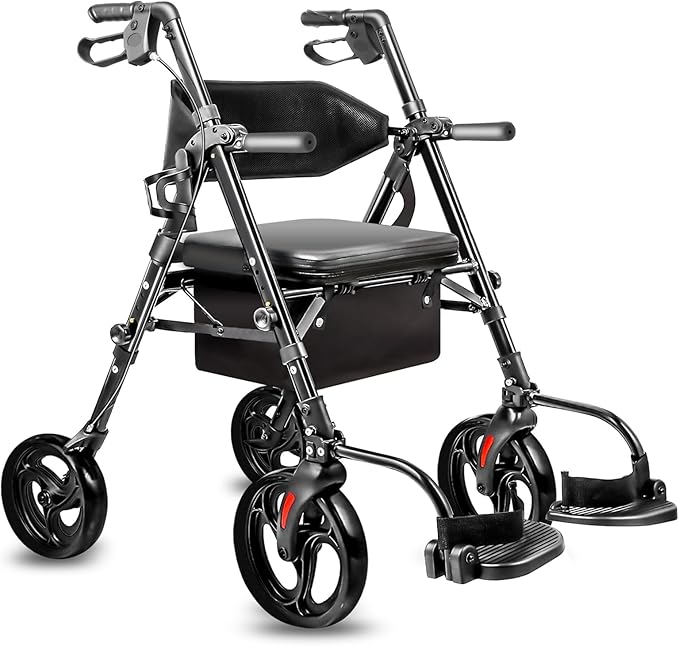Foldable Rollator Walker with Seat for Seniors & Adults Lightweight 2-in-1 Walker and Wheelchair Combo Adjustable Handle Height and Seat Transport Chair with Brakes 300 lbs Weight Capacity