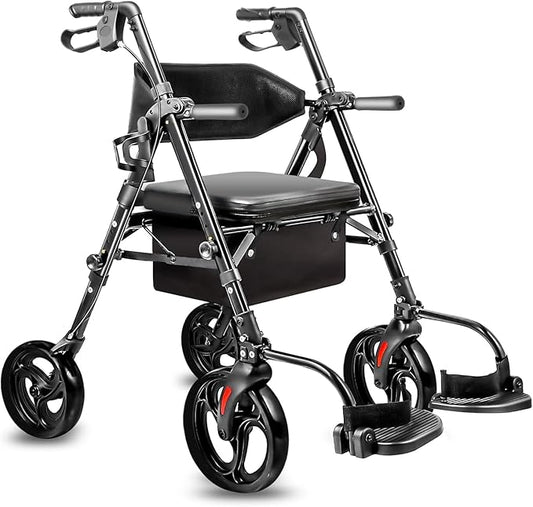 Foldable Rollator Walker with Seat for Seniors & Adults Lightweight 2-in-1 Walker and Wheelchair Combo Adjustable Handle Height and Seat Transport Chair with Brakes 300 lbs Weight Capacity