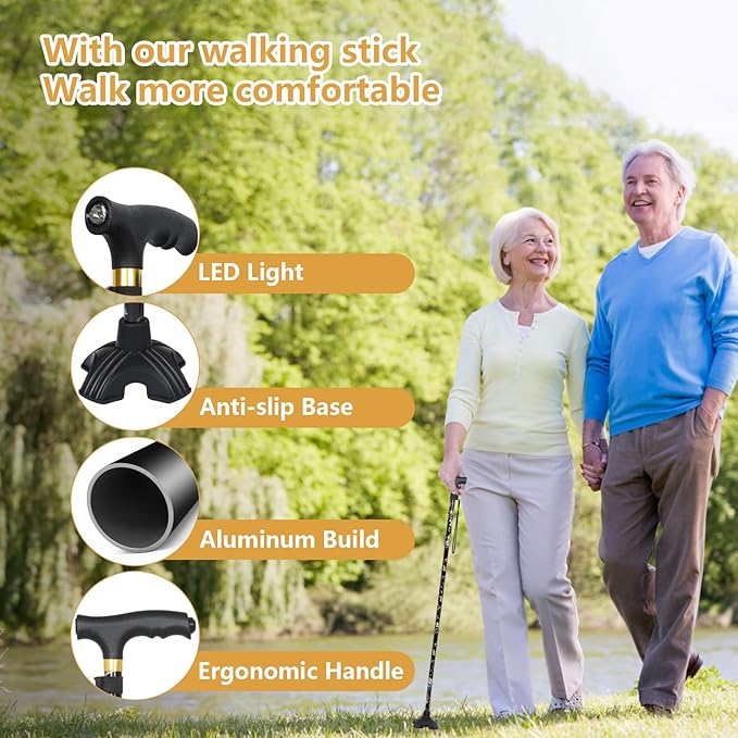 Walking Cane with LED Light, Foldable,Adjustable, Self Standing Walking Canes for Men & Women,Walking Sticks with Quad Base for Seniors & Adults
