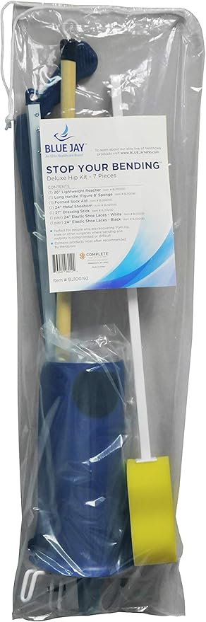 Stop Your Bending 7 Piece Hip Kit, 26" Reacher, Sock Aid with Foam Handles, 27" Dressing Stick, 24" Metal Shoehorn, 2 Pair Elastic Shoelaces, Long Handle Sponge, Blue Jay, Mobility Aid