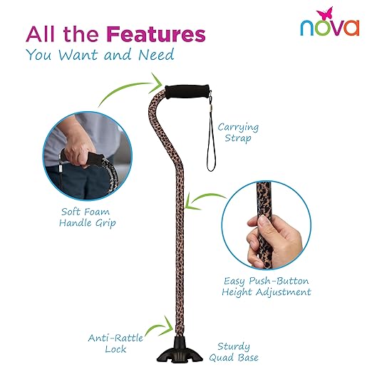 Nova Joy Designer Offset Quad Cane for Seniors - Unisex Adjustable Lightweight Walking Aid with Foam Handle, Wrist Strap and Anti-Rattle Lock - Essential Mobility Support - Leopard