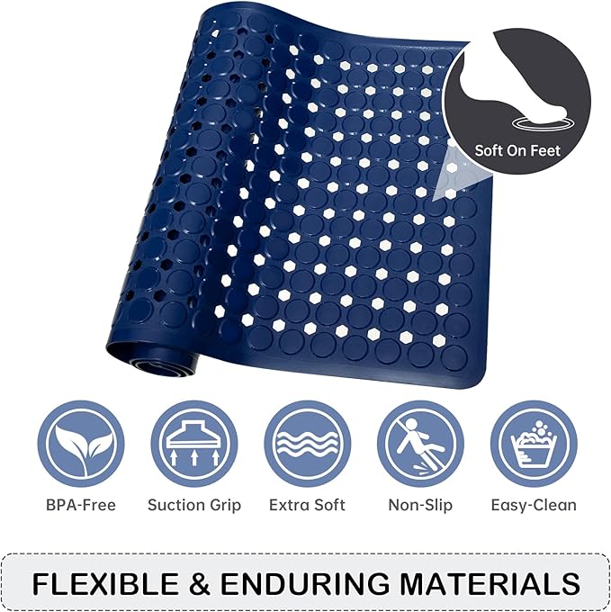 Linoows Non-Slip Bathtub and Shower Mats, Power Grip Bath Mat 35 x 16.3 Inch with Suction Cups and Drain Holes for Tub Bathroom Floor Safety, Machine Washable Soft Bathmat, Navy Blue