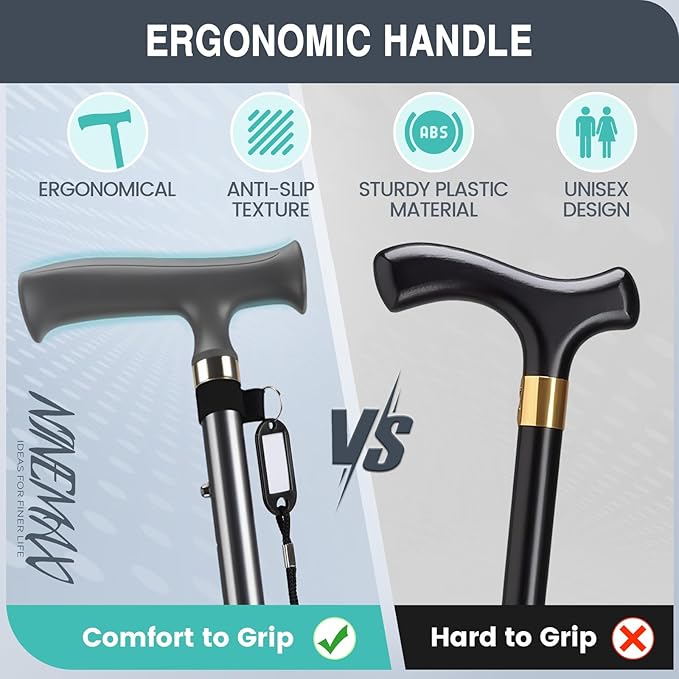 NINEMAX Walking Cane for Men Women Seniors, Foldable Collapsible Adjustable Free Standing T Handle Walking Stick, Lightweight Sturdy Folding Cane Portable for Stable and Balance