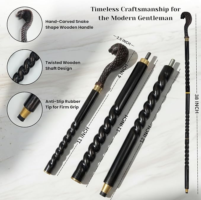 All Black Snake Handle Spiral Wooden Walking Cane