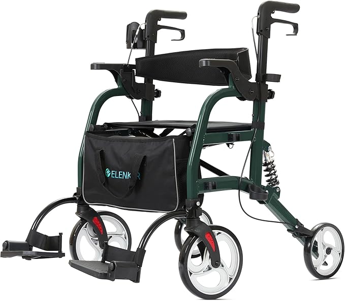 ELENKER 2 in 1 Rollator Walker & Transport Chair for Seniors, Folding Rolling Walker Wheelchair Combo with Wide Seat and Shock Absorber, Green