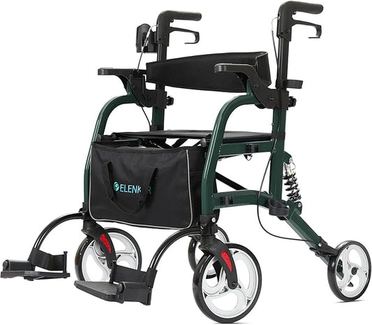 ELENKER 2 in 1 Rollator Walker & Transport Chair for Seniors, Folding Rolling Walker Wheelchair Combo with Wide Seat and Shock Absorber, Green