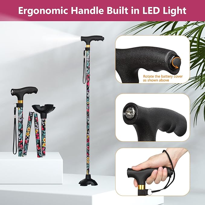 Walking Cane with LED Light, Foldable,Adjustable, Self Standing Walking Canes for Men & Women,Walking Sticks with Quad Base for Seniors & Adults
