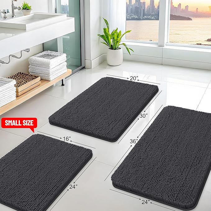 Arotive Bathroom Rugs 47x24, Extra Soft Absorbent Shaggy Chenille Bath Rugs, Machine Washable Rubber Backing Non-Slip Bath Mats for Bathroom Floor Tub and Shower, Home Decor Accessories, Dark Grey
