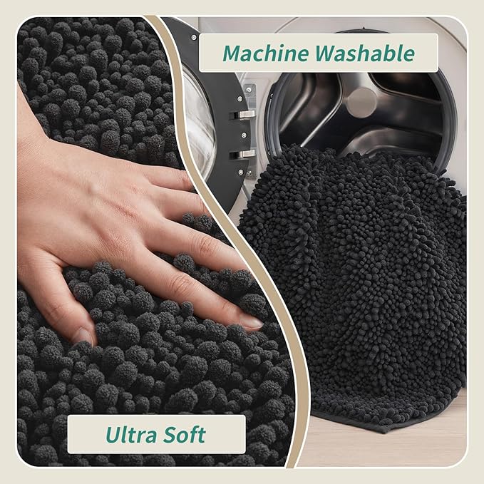 Bathroom Runner Rug 24x60 Non Slip Washable Long Bath Mat for Tub Thick Soft Absorbent Bathroom Floor Mat Large Chenille Bath Rug for Shower, Dark Grey