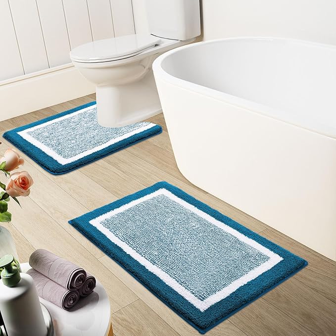 OLANLY Toilet Rugs U-Shaped 24x20, Extra Soft and Absorbent Microfiber Bathroom Rugs, Non-Slip, Machine Wash Dry, Plush Shaggy Contour Bath Mats for Toilet Base (Peacock Blue and White)