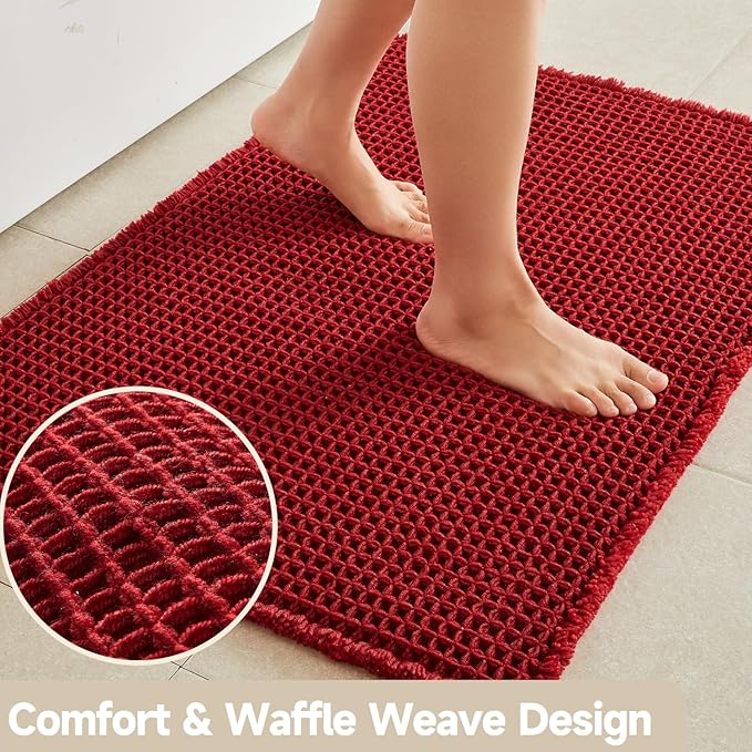 Waffle Bath Mat, Boho Bathroom Rugs Non Slip Washable Super Absorbent Quick Dry Bath Mat Farmhouse Bathroom Decor, 30"x20" Burgundy