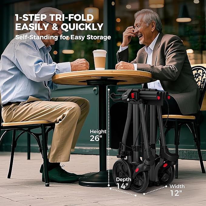 Rollator Walkers for Seniors with Seat, Lightweight Ultra-Compact Travel Rolling Walker, 350lbs Capacity, Heavy-Duty Extra-Wide Seat, Easy Folding, Height Adjustable for Tall Over 6ft, 8" Big Wheels