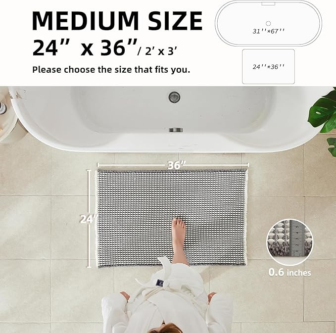 Waffle Bath Mat, Boho Bathroom Rugs Non Slip Washable Super Absorbent Quick Dry Bath Mat Farmhouse Bathroom Decor, 36"x24" Grey and White