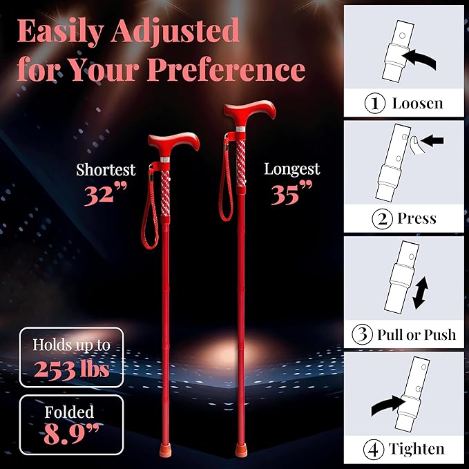 Merry Sticks Lightweight Foldable Walking Canes for Women and Men, Adjustable & Collapsible Walking Stick for Seniors, Balancing Mobility Aids, Ergonomic Handle & Wrist Strap - Dazzling Red