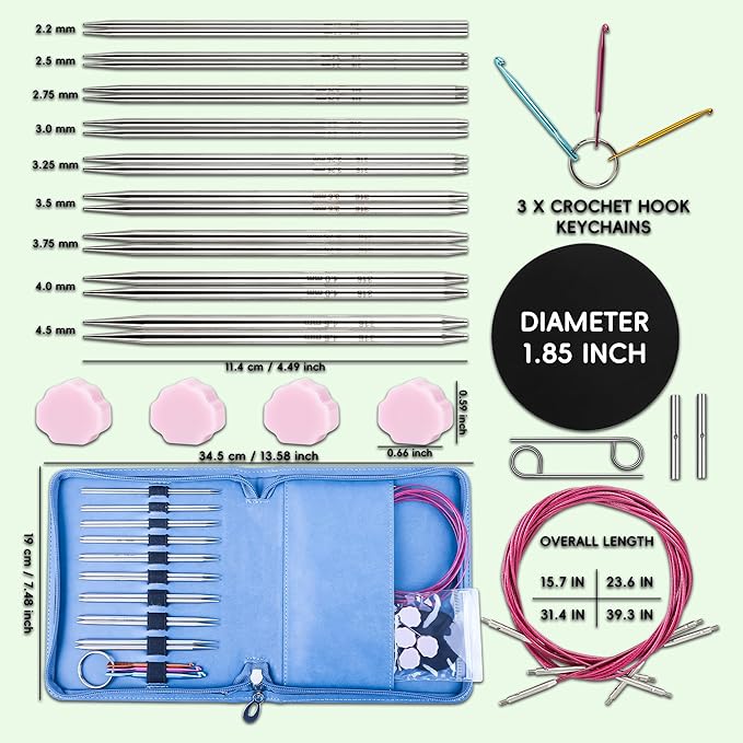 Froggod 4.5-Inch Aluminum Lace Interchangeable Circular Knitting Needle Set, Sizes US 1, 1.5, 2, 2.5, 4, 5, 6, 7 Interchangeable Knitting Needles Lace-Tip with 4 Assorted Cables with Project Bag