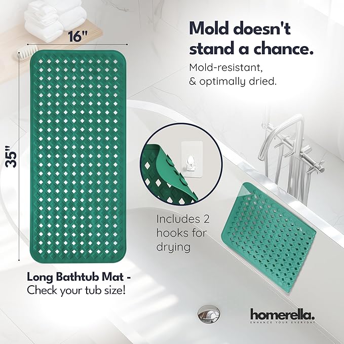 homerella® Bathtub Mat Non Slip 35x16, Incl. Hooks for Drying, Extra Long, 100% BPA Free, Shower Mat Non Slip Anti Mold, Machine Washable, Shower Mats for Inside Shower Mildew Resistant