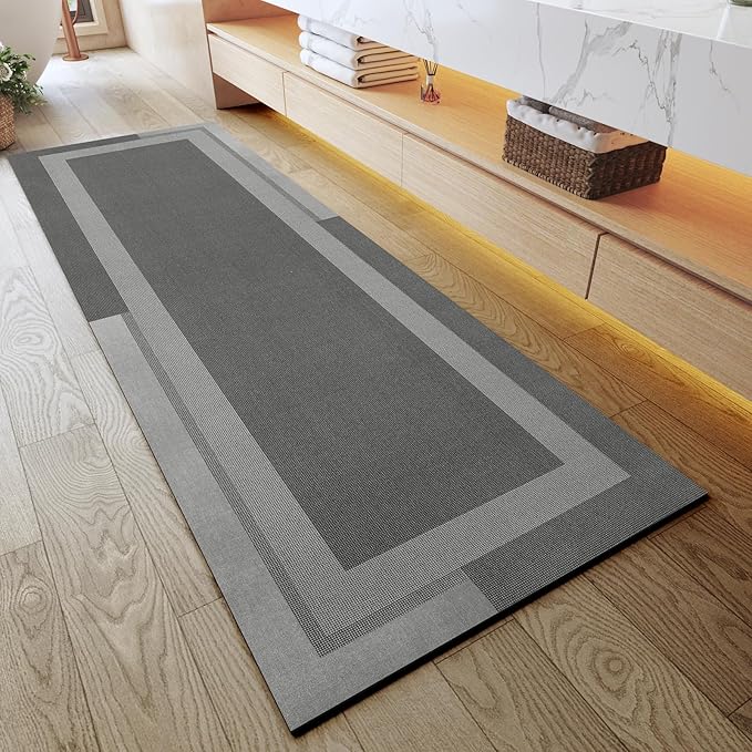 Extra Long Non Slip Bathroom Runner Bath Mat, Rubber Backing Ultra Thin Bath Rug Fit Under Door Quick Dry Super Absorbent Washable Shower Mat for Bathroom Floor Bathtub Sink, Dark Grey 24"x70"