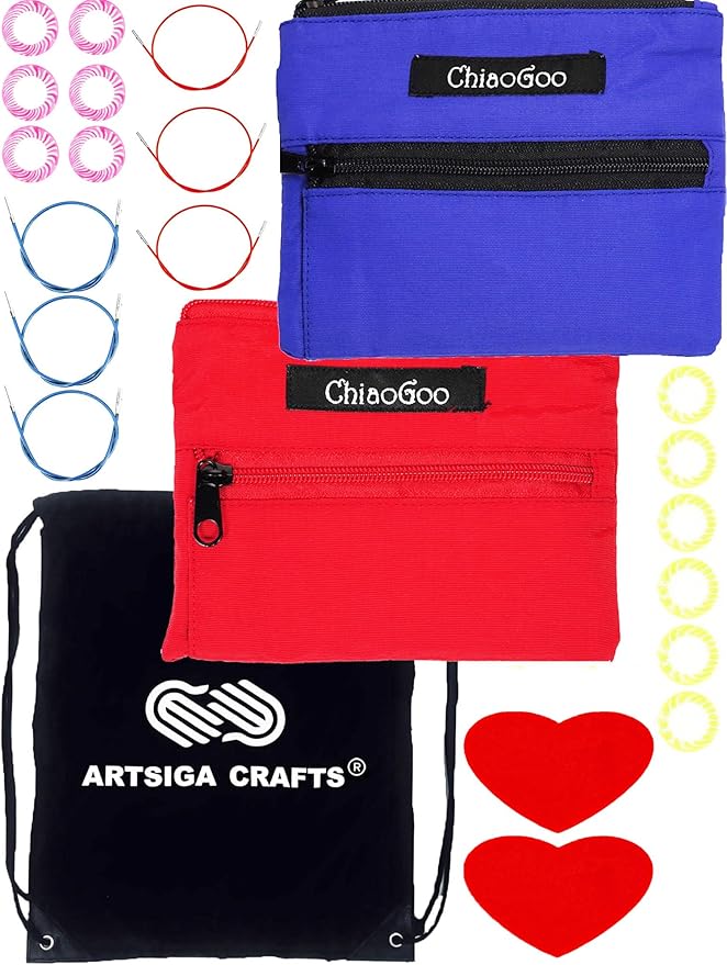 ChiaoGoo Twist Red Lace Shorties 2 & 3-Inch 7230 Combo Pack Interchangeable Knitting Needle Set, 22-Pairs Sizes US 0, 1, 1.5, 2, 2.5, 3, 4, 5, 6, 7, 8, 6 Cords with Project Bag