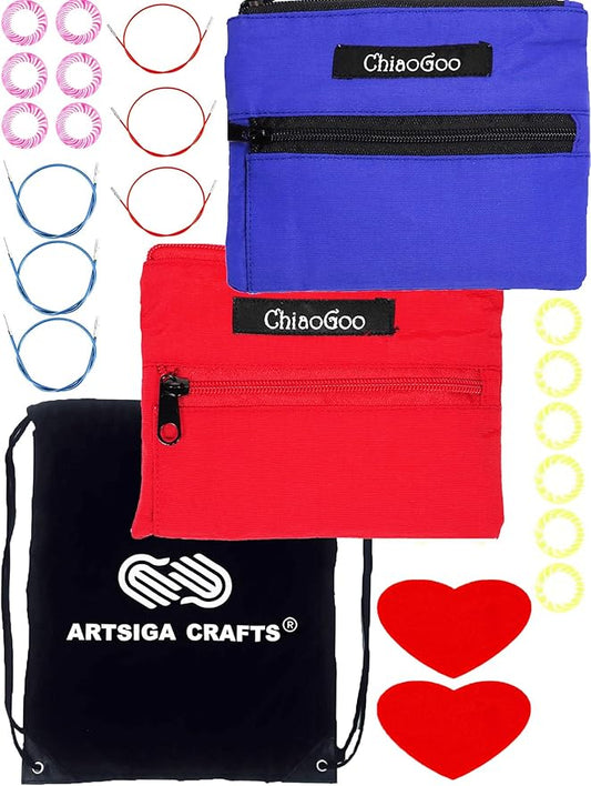 ChiaoGoo Twist Red Lace Shorties 2 & 3-Inch 7230 Combo Pack Interchangeable Knitting Needle Set, 22-Pairs Sizes US 0, 1, 1.5, 2, 2.5, 3, 4, 5, 6, 7, 8, 6 Cords with Project Bag