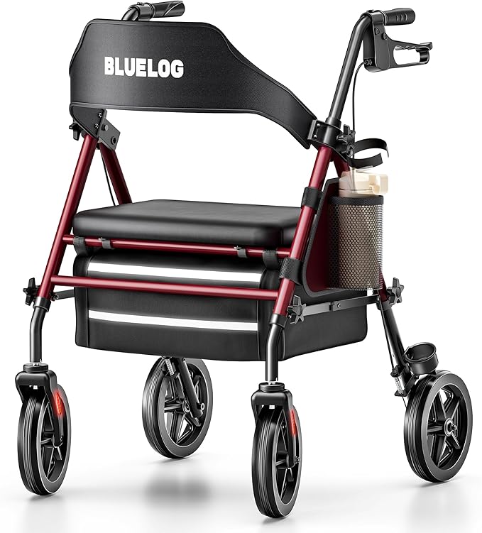 Walkers for Seniors Rollator Walkers with Seat, 350lb Capacity with Cup Holder & Cane Holder, 8'' All Terrain Wheels, Adjustable Handles and Seat Height, Foldable Design, Burgundy