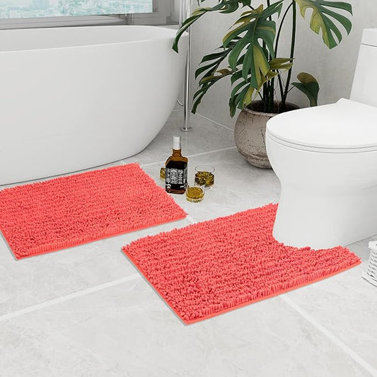 Walensee Bathroom Rug 2 Pieces Set Non Slip Bath Mat (20"x32" Plus 20"x24" U Living Coral) Water Absorbent Super Soft Shaggy Chenille Machine Washable Dry Extra Thick Perfect Carpet for Shower Floor