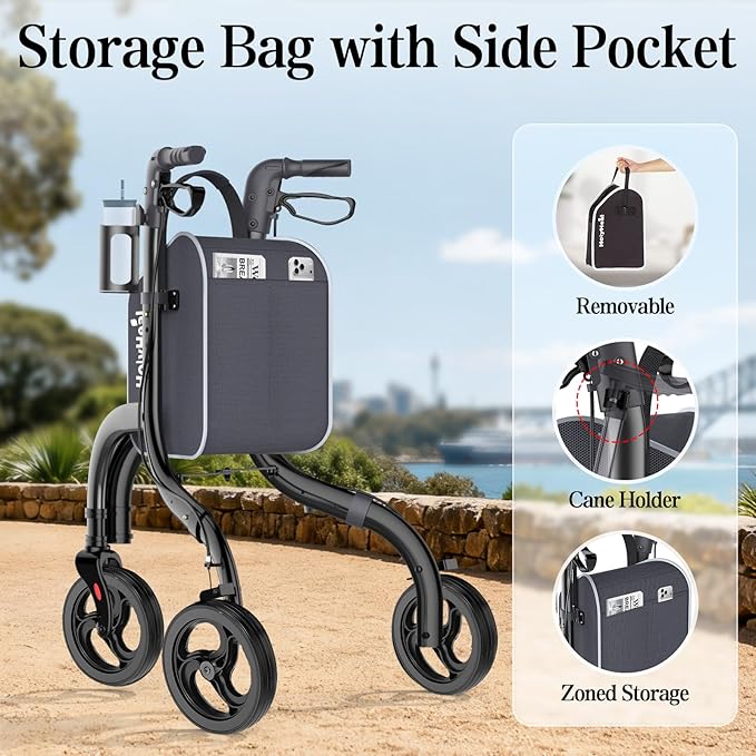 3 Wheel Walkers for Seniors, Lightweight Rollator Walkers Foldable for Elderly with Cane Hold and Cup Hold, Height Adjustable Aluminum Three Wheel Rolling Walker Mobility Aid, Black