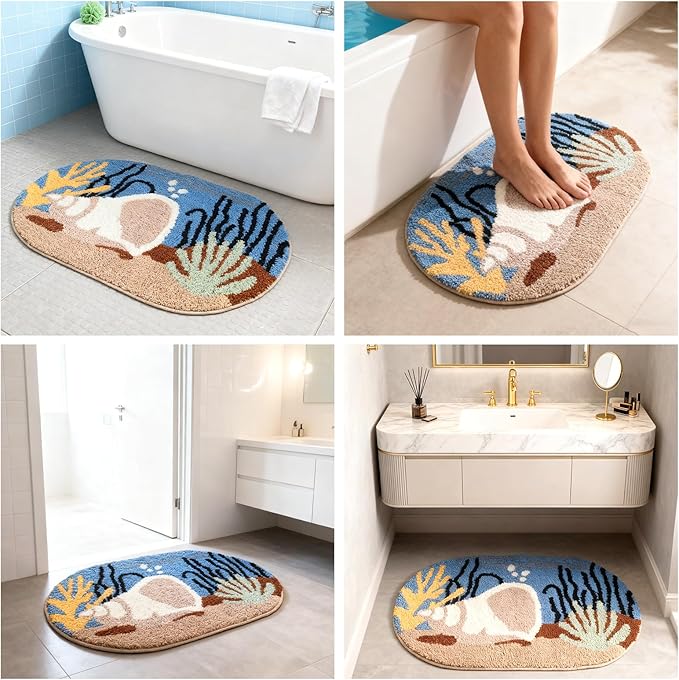 Beach Theme Non-Slip Washable Bath Rug | Soft Adorable Ocean Decor for Bathroom, Living Room, Bedroom & Gifts 16"*24"