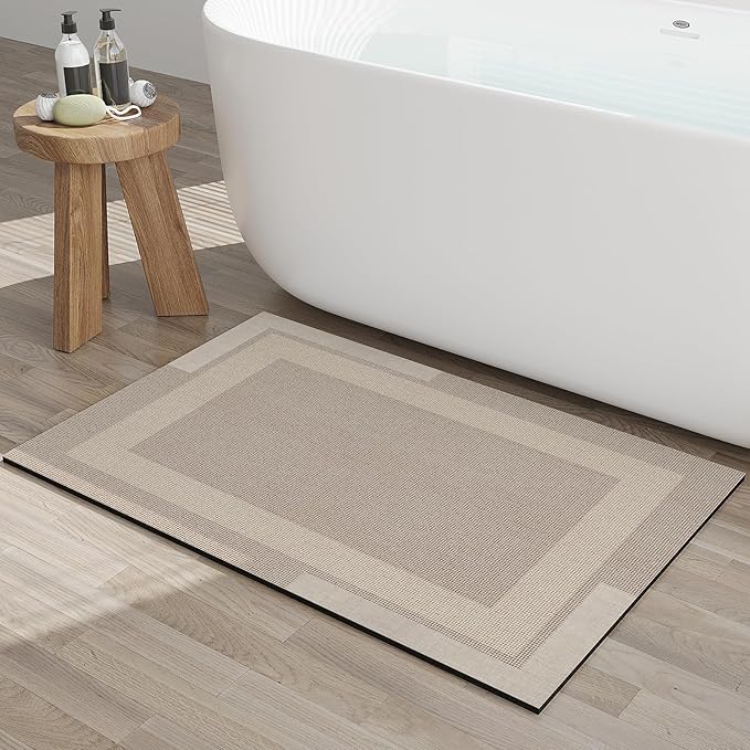 Non Slip Bath Mat, Rubber Backing Ultra Thin Bathroom Rugs Fit Under Door Quick Dry Super Absorbent Washable Bath Rug Shower Mat for Bathroom Floor Bathtub Shower Sink, Easy Care Beige 24"x 35"