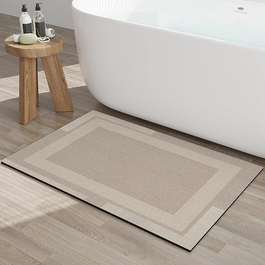 Non Slip Bath Mat, Rubber Backing Ultra Thin Bathroom Rugs Fit Under Door Quick Dry Super Absorbent Washable Bath Rug Shower Mat for Bathroom Floor Bathtub Shower Sink, Easy Care Beige 24"x 35"