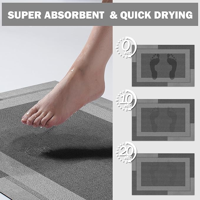Non Slip Bath Mat, Rubber Backing Ultra Thin Bathroom Rugs Fit Under Door Quick Dry Super Absorbent Washable Bath Rug Shower Mat for Bathroom Floor Bathtub Sink, Easy Care Dark Grey 16"x24"