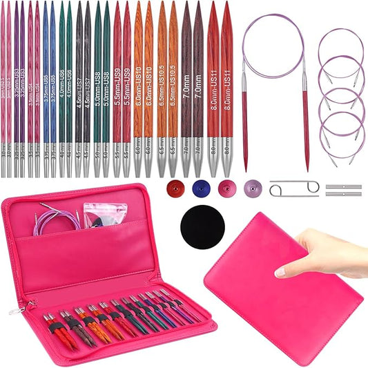 Weabetfu Interchangeable Circular Knitting Needle Set,Birch Wood Interchangeable Knitting Needles with Cable 12 Pairs 3mm-10mm Replacements Round Knitting Needle