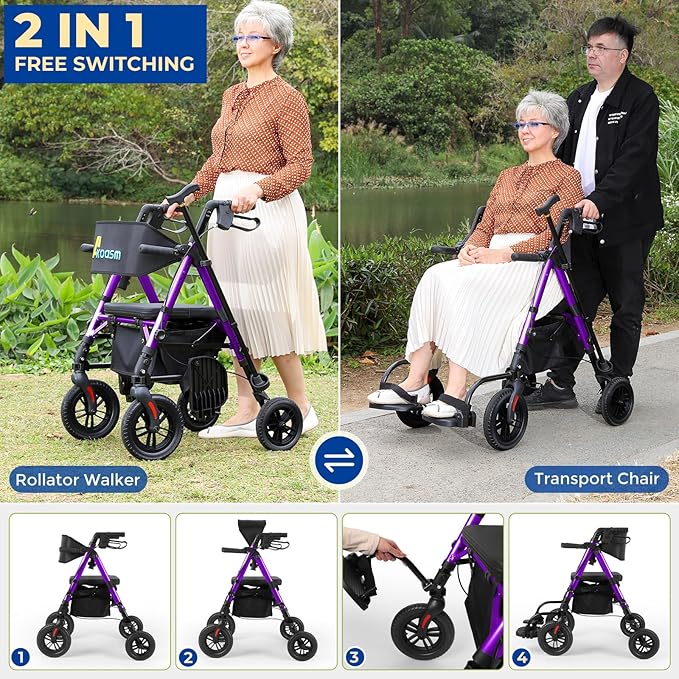 Foldable Rollator Walker for Seniors with Seat, Lightweight 2 in 1 Rolling Walkers Wheelchair Combo for Adult, Transport Chair with Brakes, Adjustable Seat and Handle, 300 Lb. Weight Capacity, Purple