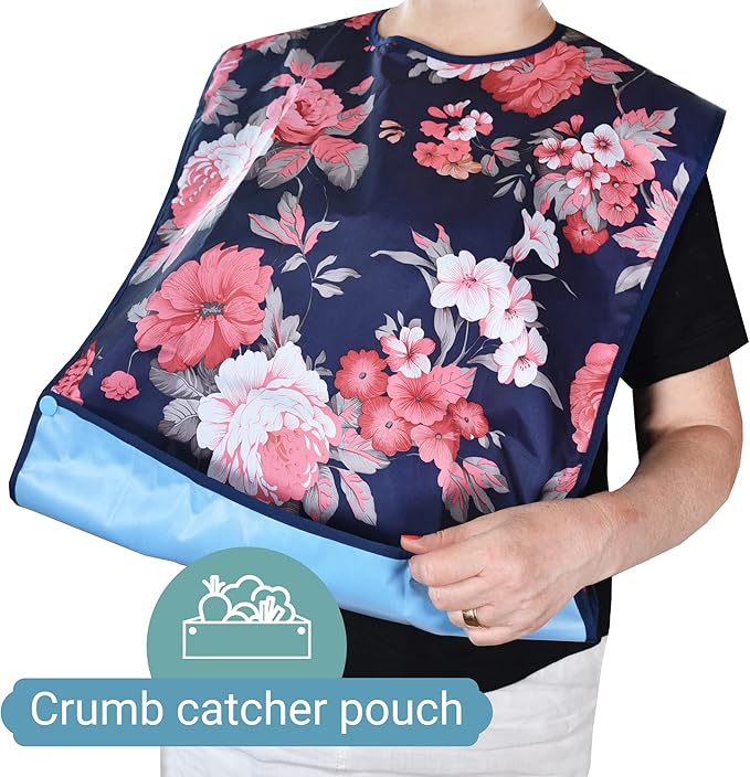 6 Pack Adult Bibs with Crumb Catcher - Waterproof and Reusable Clothing Protectors for Elderly Women