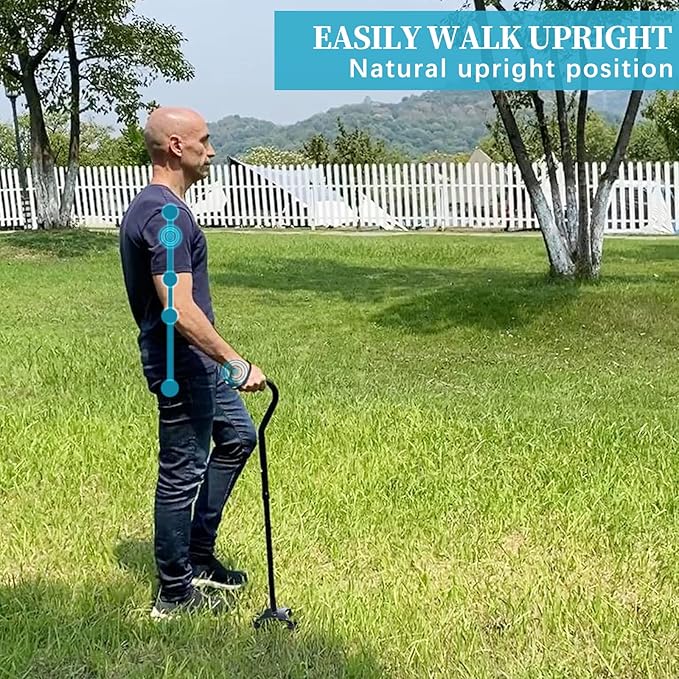 AOHHL Quad Walking Cane Foldable Adjustable Portable Stick Men & Women and Seniors - Lightweight & Sturdy with 4-Pronged Base for Extra Stability Balance,Self Standing Gifts for mom Dad