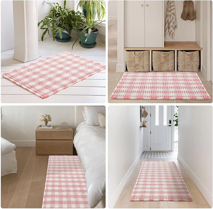 Waffle Bath Mat, Boho Bathroom Rugs Non Slip Washable Absorbent Checkered Bathroom Mat Quick Dry Cute Bath Mat, 48"x24" Pink and White